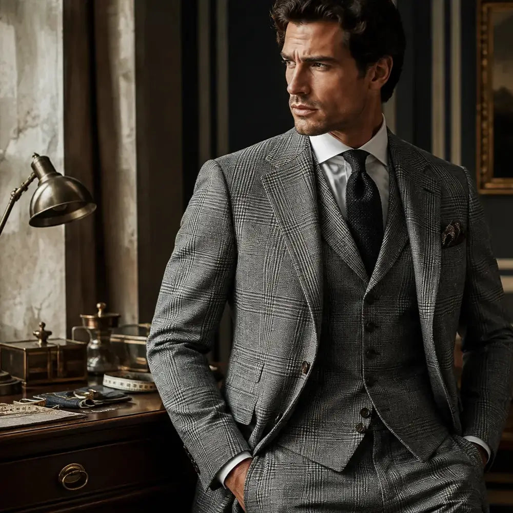 Man wearing a grey Prince of Wales check suit in a tailored interior, showcasing the classic pattern, fabric texture, and British menswear style.