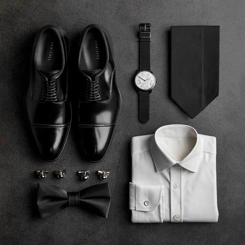 Flat lay of prom outfit accessories including black dress shoes, a black tie, a black bow tie, cufflinks, a watch, and a white dress shirt.