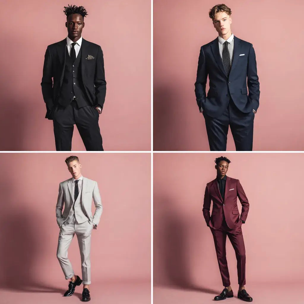 Black, navy, grey, and burgundy prom suits shown on four teenage boys as stylish suit options for prom night.