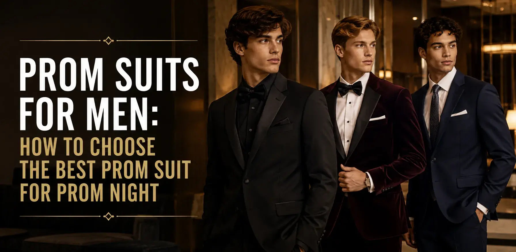 Prom suits for men banner featuring black, burgundy velvet, and navy prom suits for prom night.