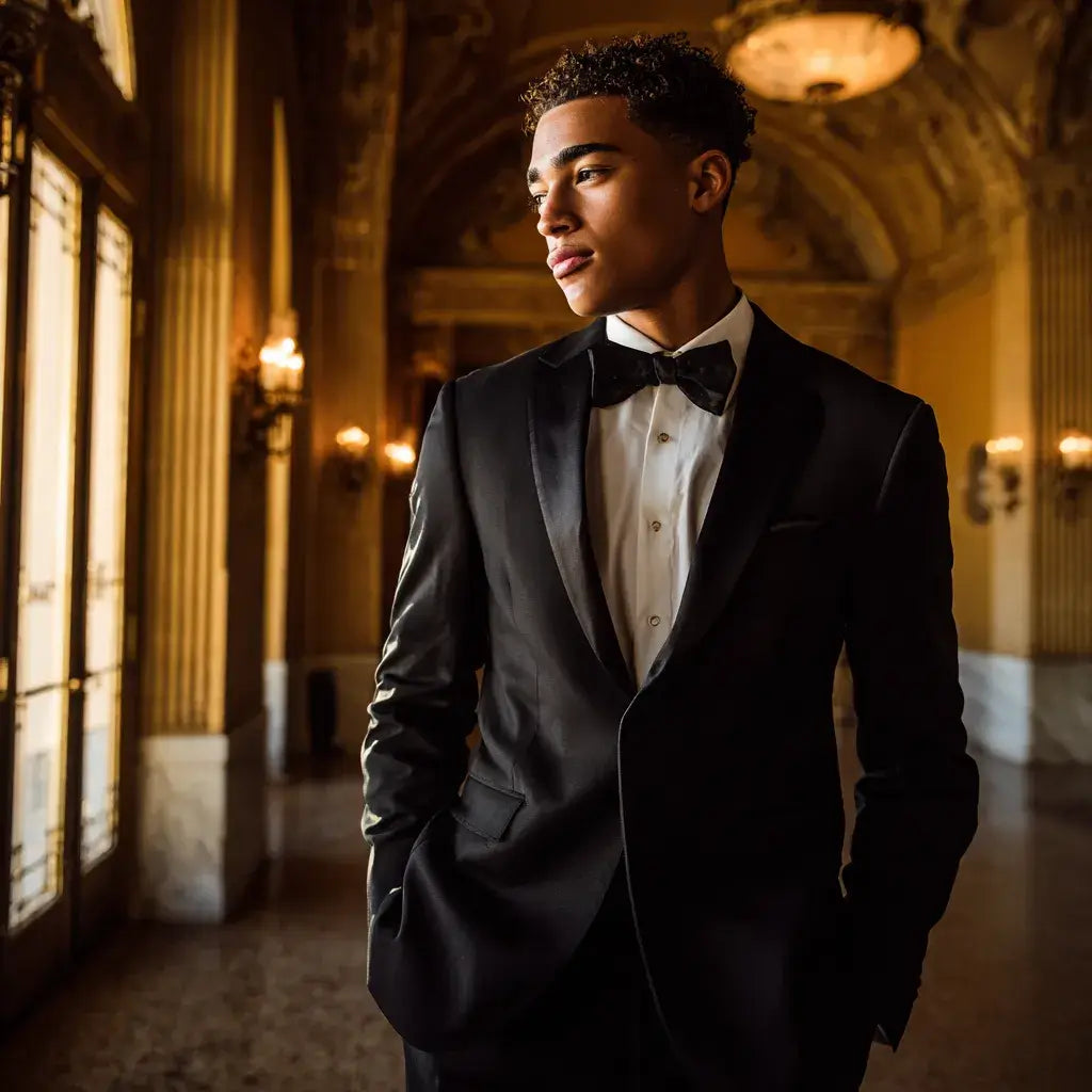 Teen wearing a black tie tuxedo with satin lapels and a bow tie in an upscale prom venue.