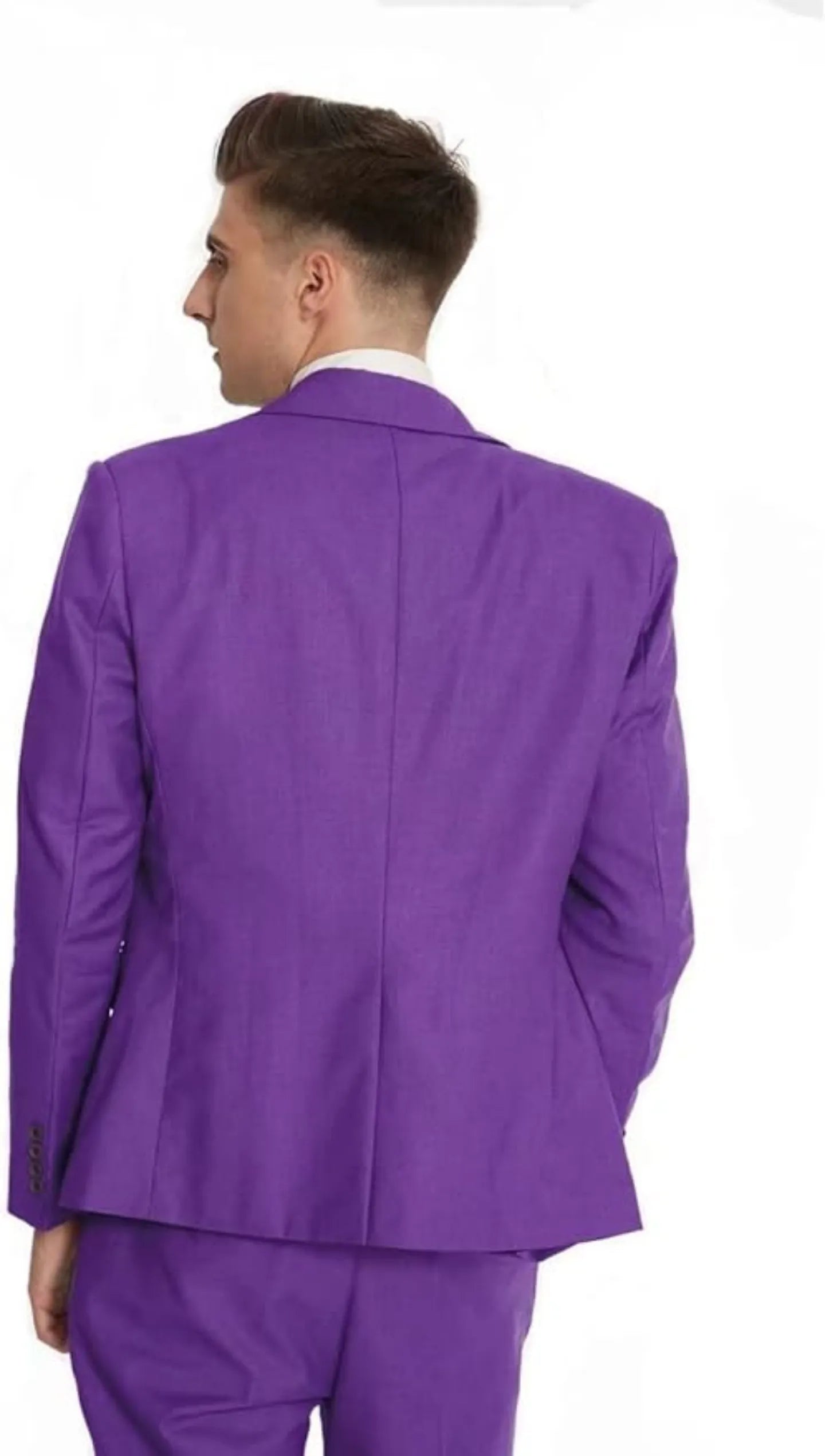 back view of men's purple blazer and trousers – tailored double-breasted 3 piece suit for formal occasions