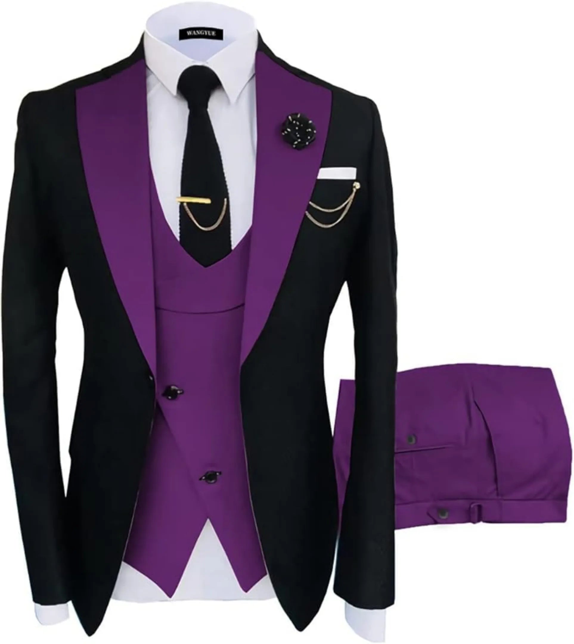 purple and black 3 piece men's suit: black blazer with purple satin lapel, cross purple vest, gold chain, lapel pin and white pocket square