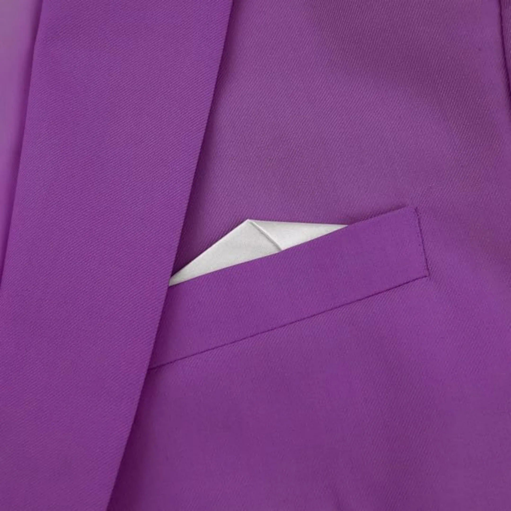 close-up of the purple blazer pocket with a white pocket square, part of the men's single-breasted 2-piece suit.
