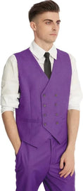 Load image into Gallery viewer, model in purple double-breasted vest and matching trousers – slim fit men's formal suit set without blazer