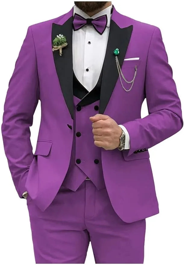 purple slim fit tuxedo suit for prom with chain and boutonniere
