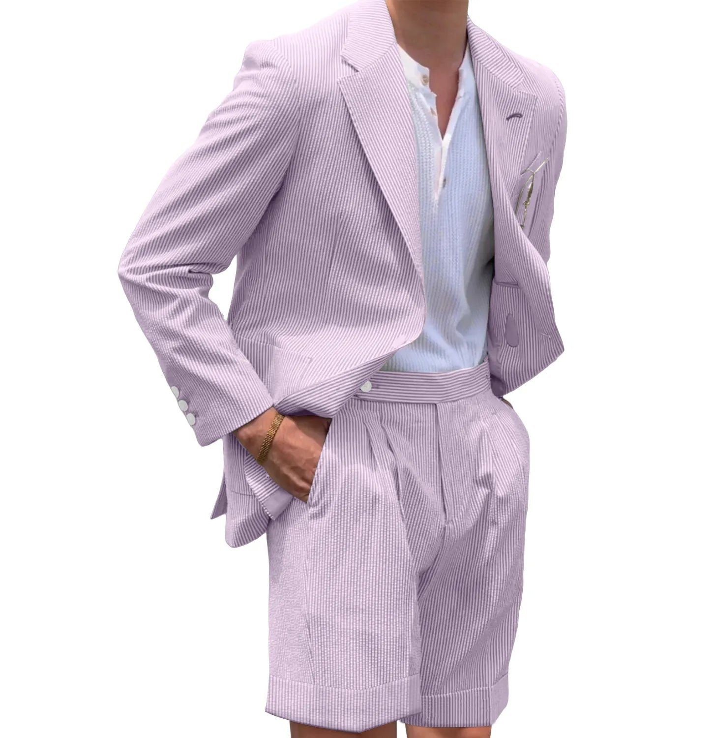 Purple striped seersucker shorts suit for men – casual 2 piece summer outfit with blazer