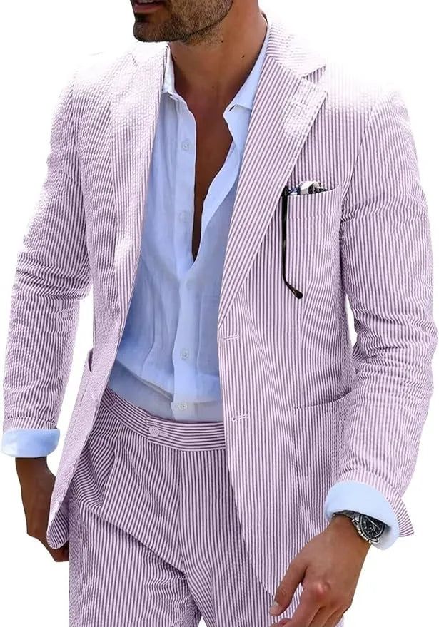 Close-up view of men's purple-and-white striped seersucker blazer with refined lapels and design.