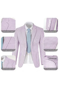 Load image into Gallery viewer, Purple-and-white seersucker blazer displaying pockets, lapels, and its breathable fabric texture.