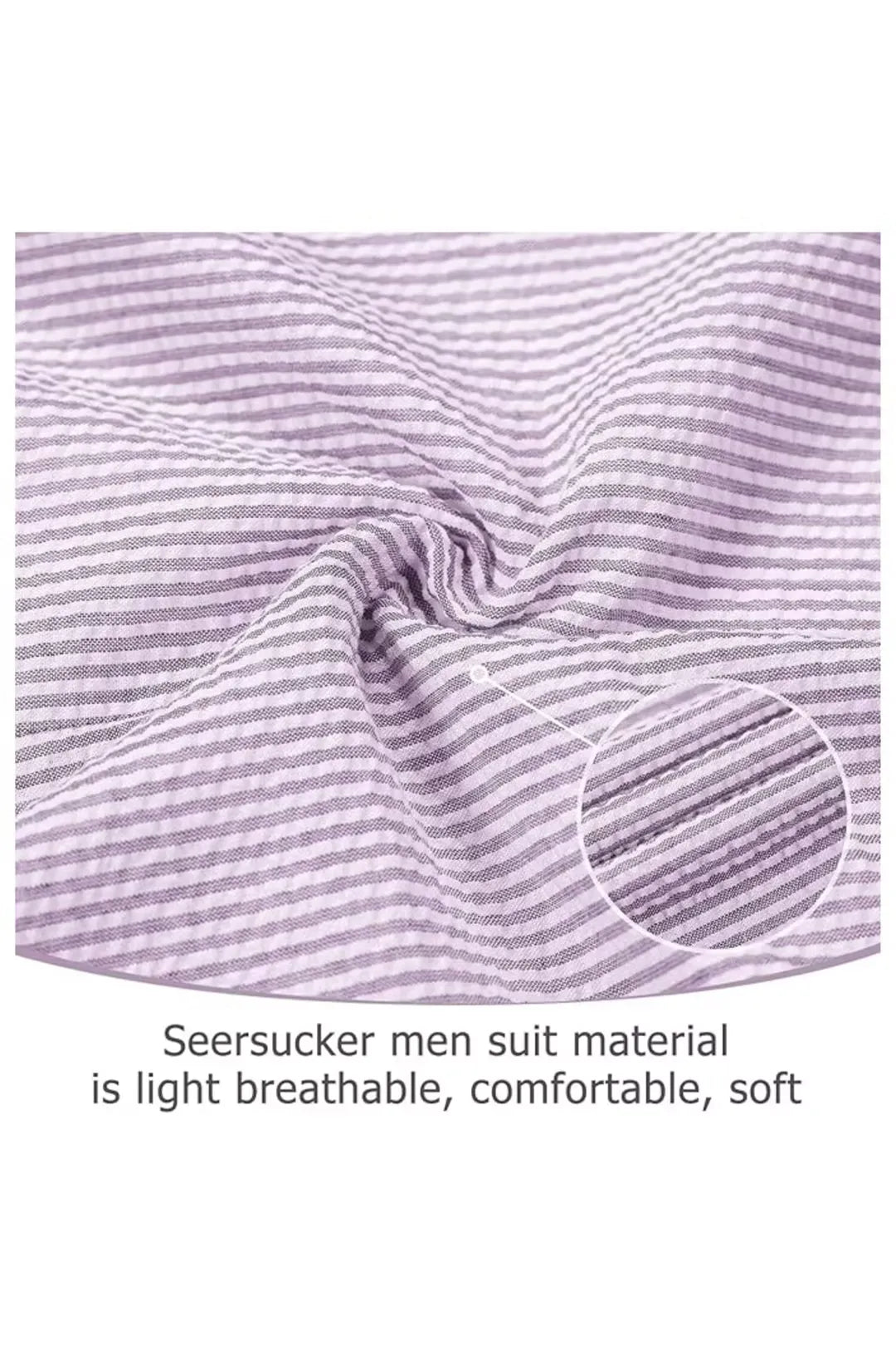 Close-up of purple-and-white seersucker fabric texture with soft stripes for breathable comfort.