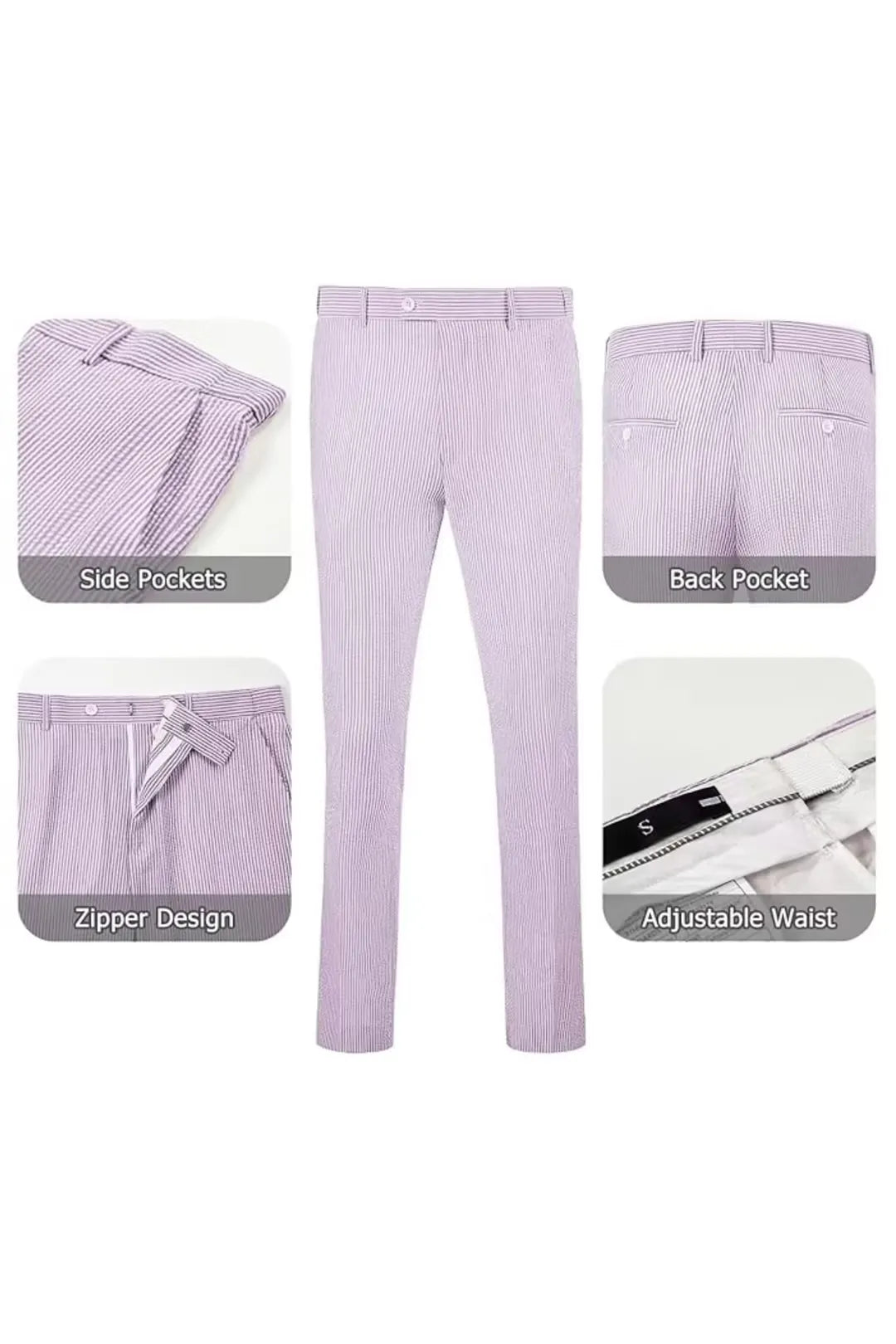 Purple-and-white striped seersucker pants with adjustable waist and zipper for ultimate comfort.