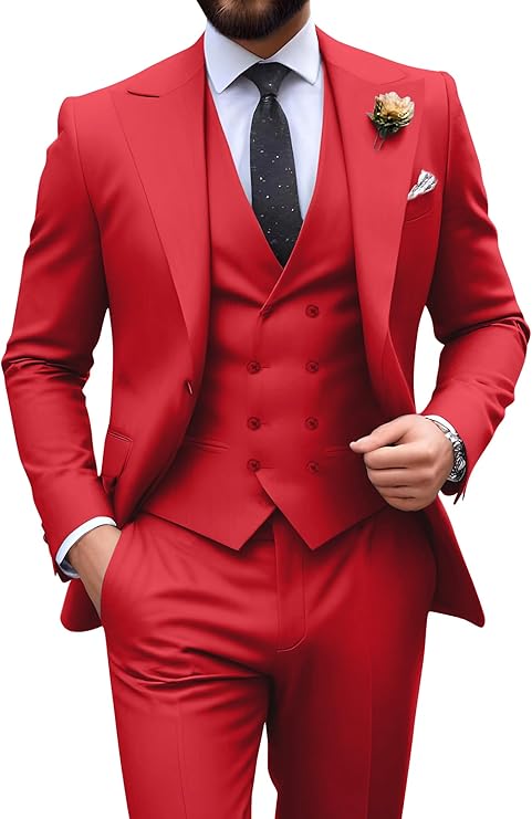 red slim fit 3 piece groom suit with peak lapel blazer, double breasted vest and pants for modern wedding style