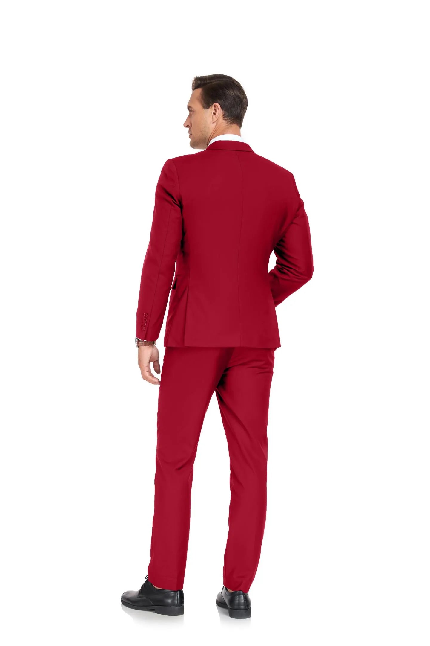 back view of red two button 2 piece men's suit, sharp tailoring and classic formal style