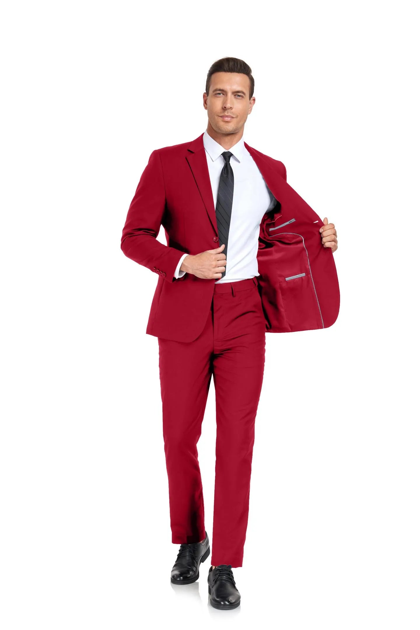 elegant red two button 2 piece men's suit paired with black shoes, ideal for groomsmen or parties