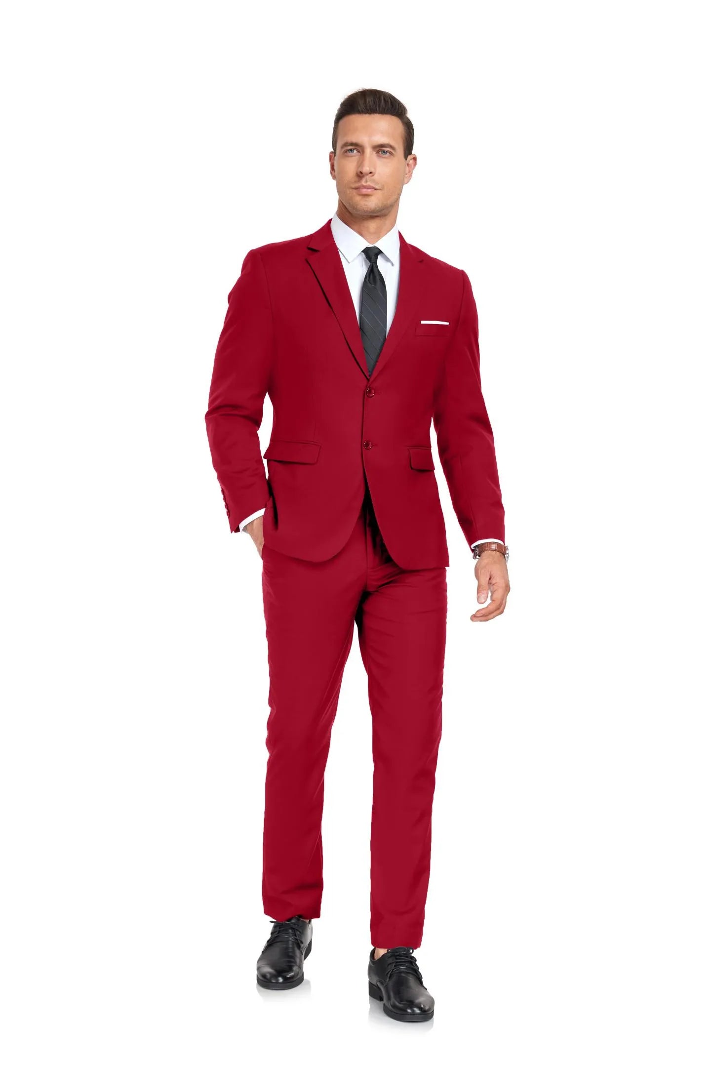 bold red slim fit two button 2 piece men's suit with blazer and pants for formal events