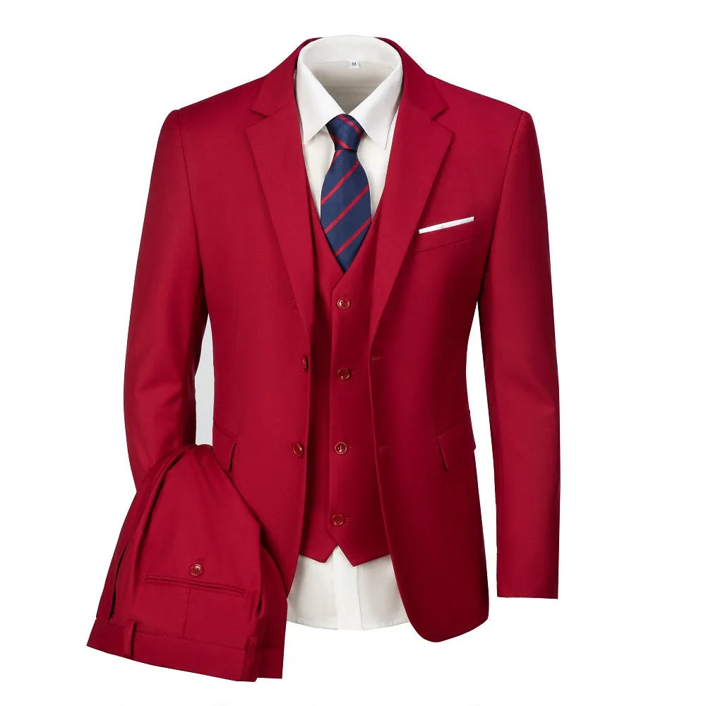 Red slim fit 3 piece suit with blazer, vest, and folded trousers – men's wedding and formal outfit