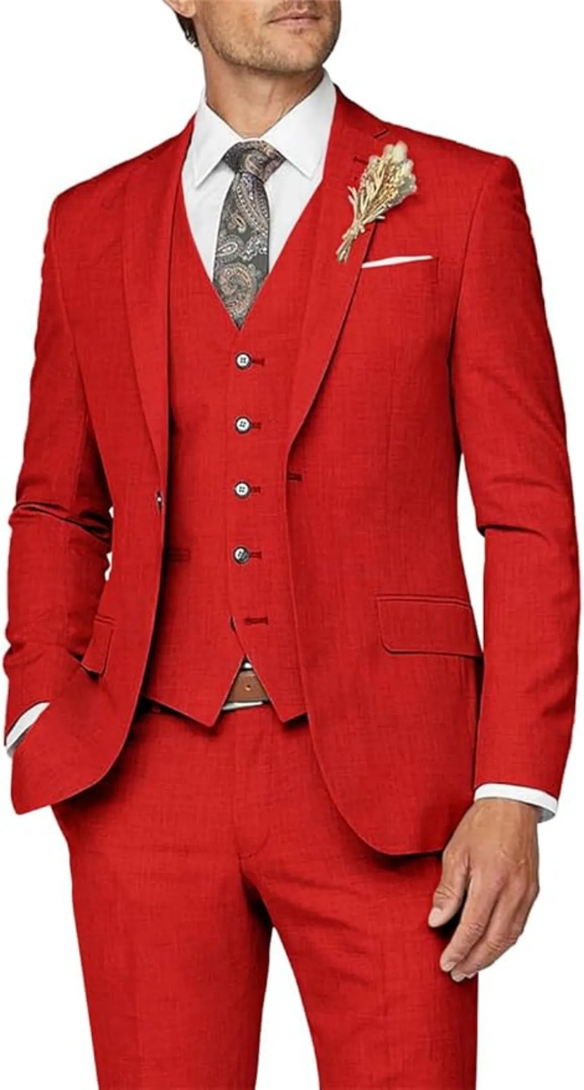 formal business wedding groom prom party 3 piece men's suit - red slim fit with paisley tie & floral lapel pin