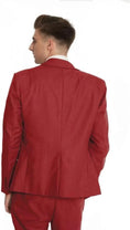 Load image into Gallery viewer, back view of men's red blazer and trousers from double-breasted one-button 3 piece suit – tailored slim fit design for modern formalwear