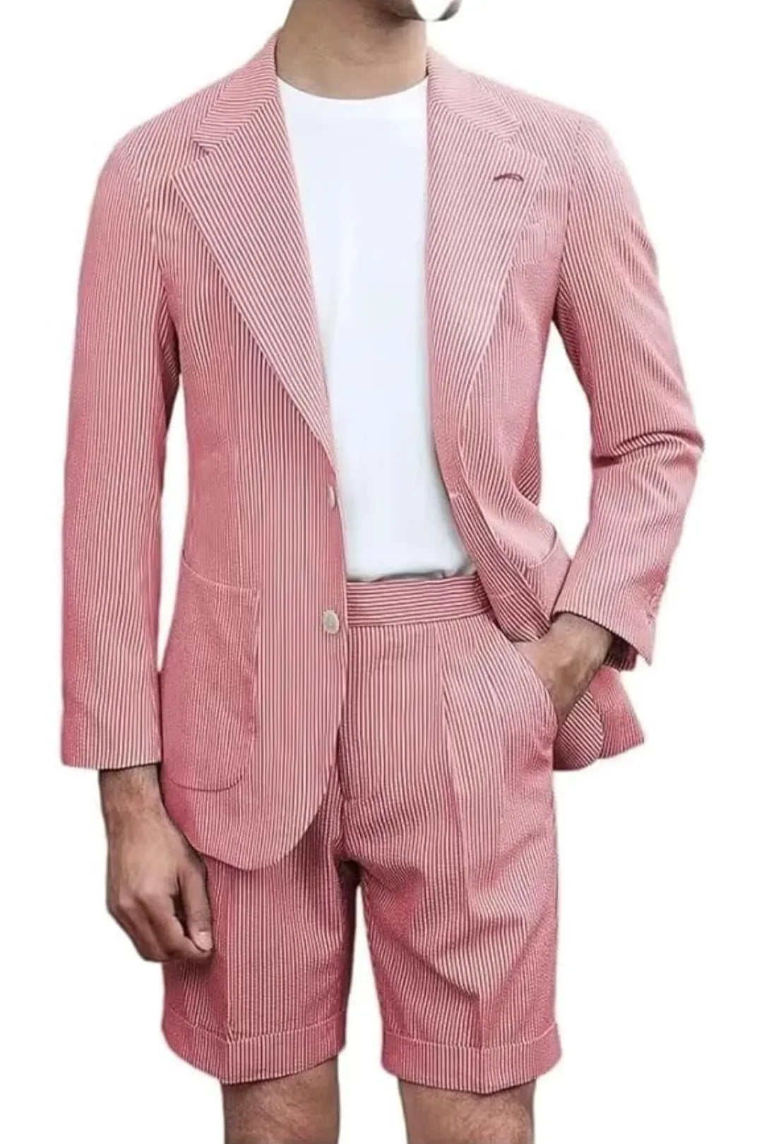 red striped seersucker shorts suit for men – lightweight summer blazer with shorts