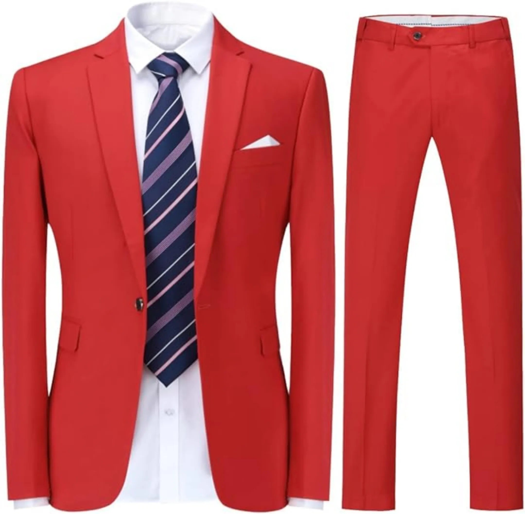 front view of men's red single-breasted one button suit, featuring a tailored blazer, striped tie, and matching trousers.