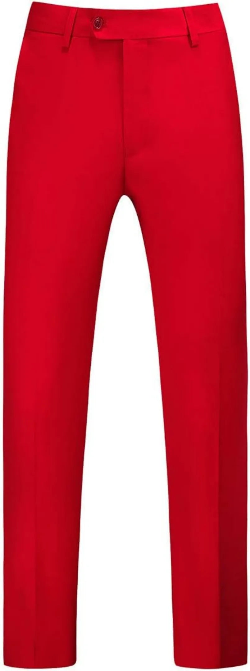front view of men's red single-breasted one button suit trousers, showcasing a slim fit cut and smooth finish for a clean, polished look.