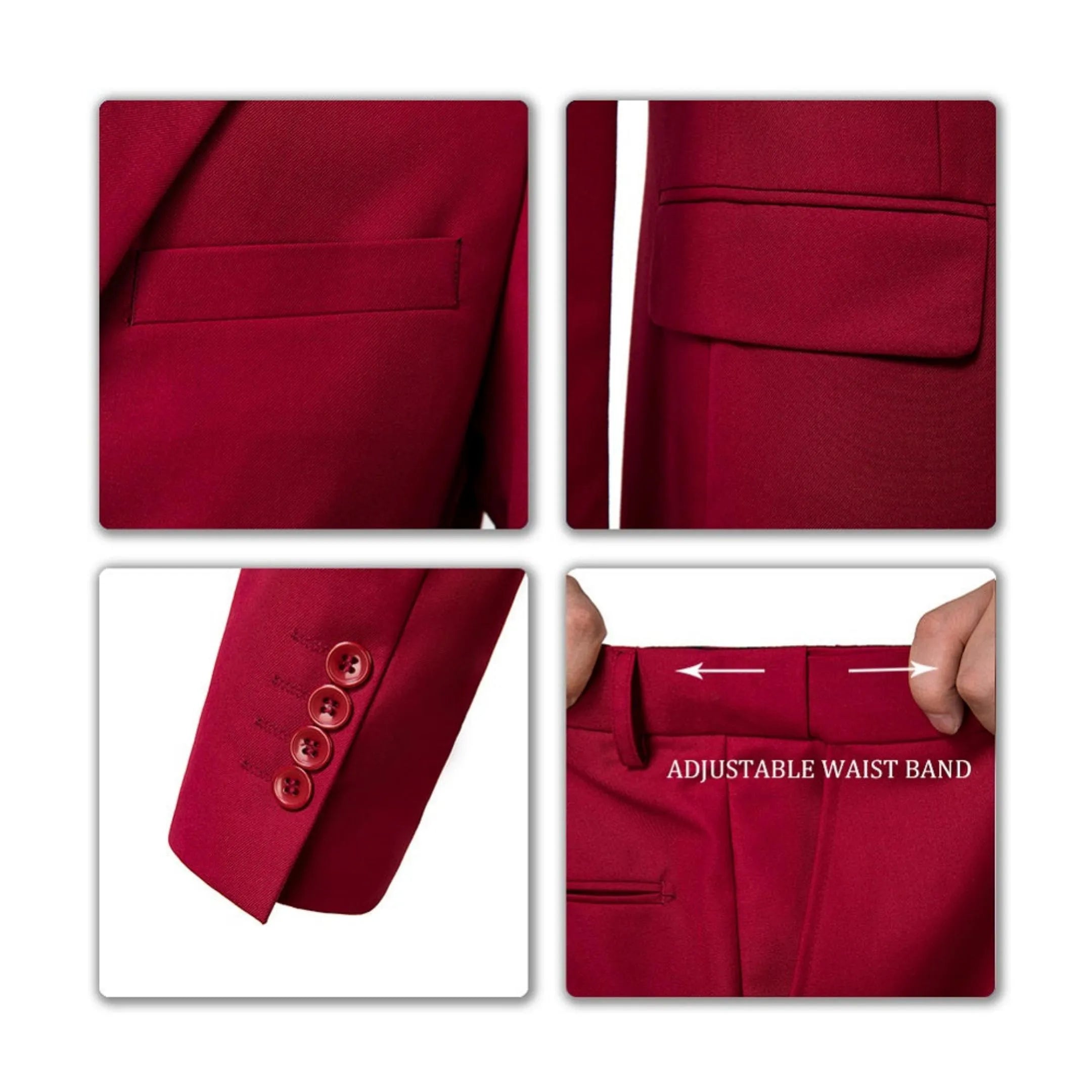 detailed view of a red suit jacket sleeve with buttons and adjustable waistband – close-up of quality tailoring.