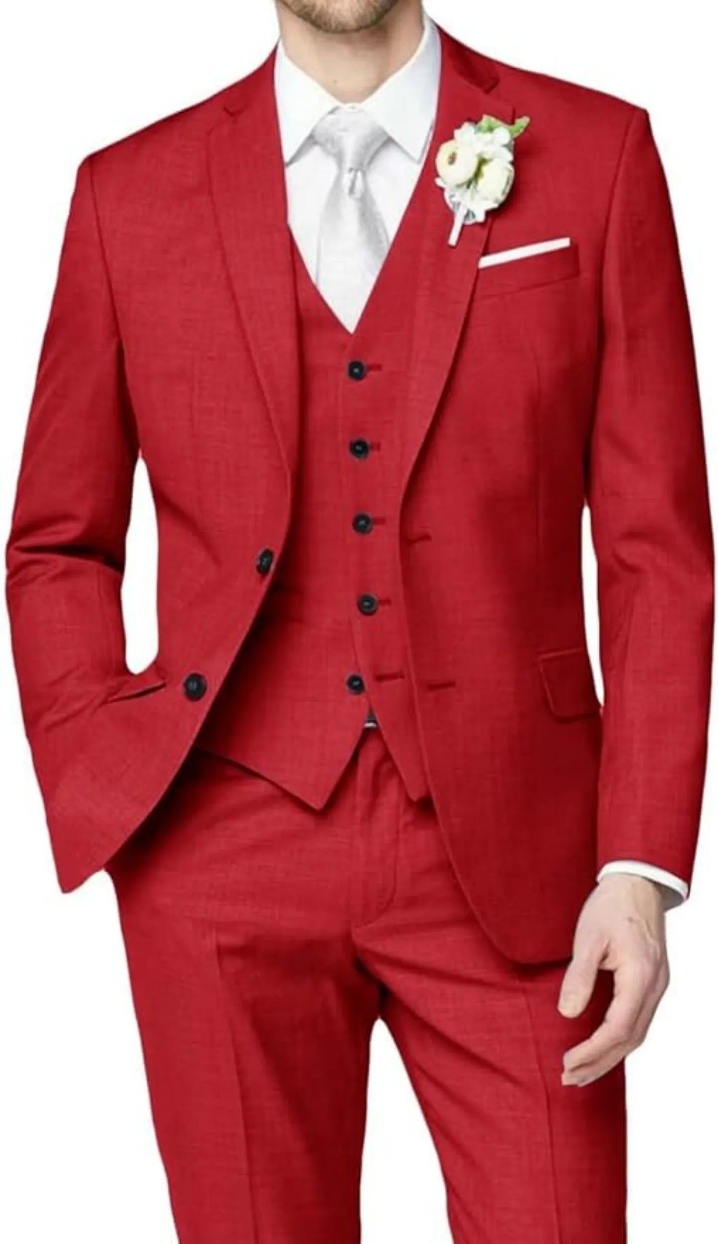 front view of red wedding groomsmen 3 piece men's suit with tailored blazer, buttoned vest, slim trousers, white shirt, and silver tie with boutonniere
