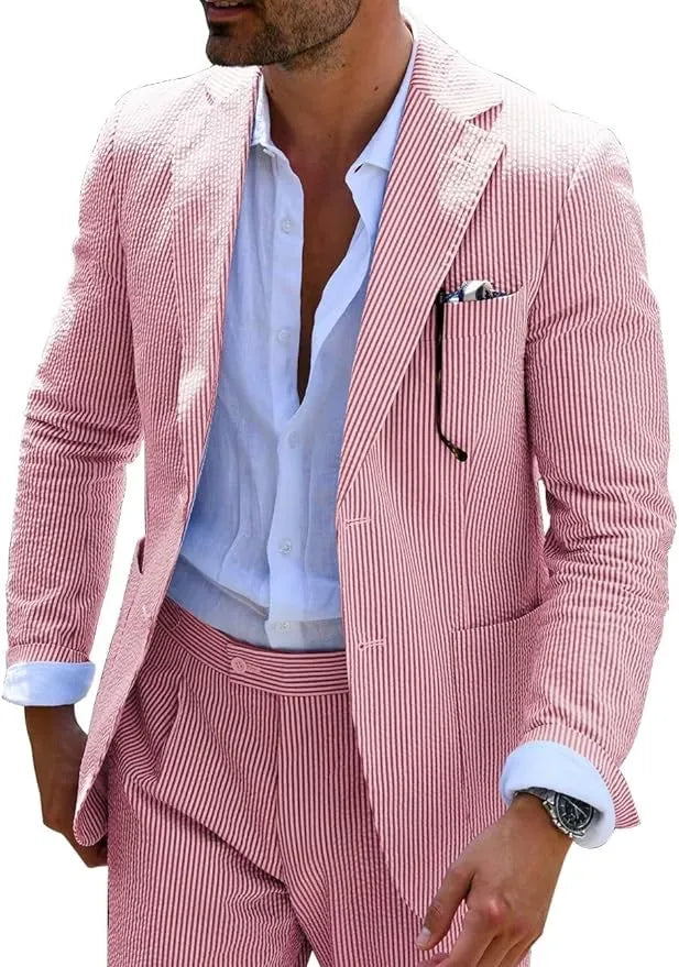 Close-up of men's red-and-white striped seersucker blazer with classic lapels and design.