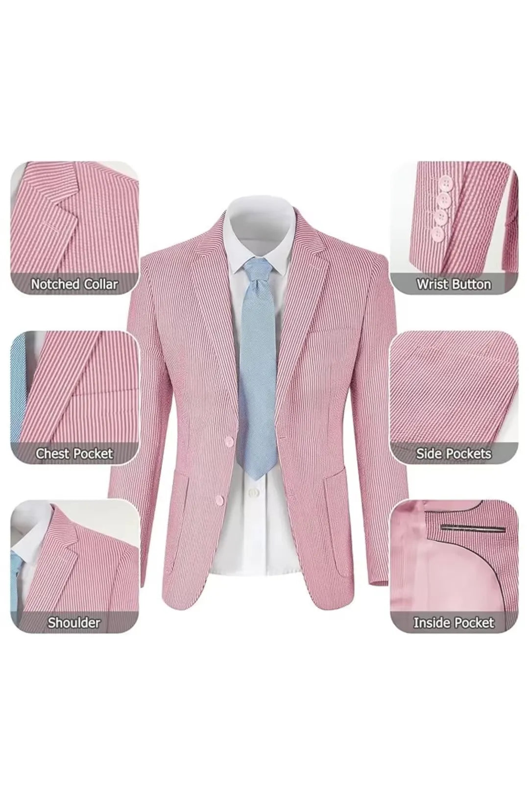 Red-and-white seersucker blazer showcasing pockets, lapels, and its breathable fabric texture.