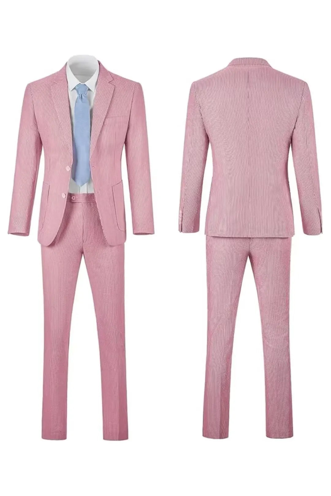 Full front and back view of a men's red-and-white striped seersucker blazer set for summer events.