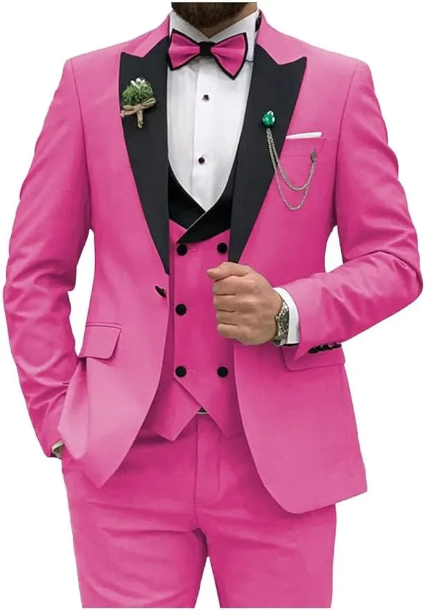 rose slim fit tuxedo suit for prom with chain and boutonniere