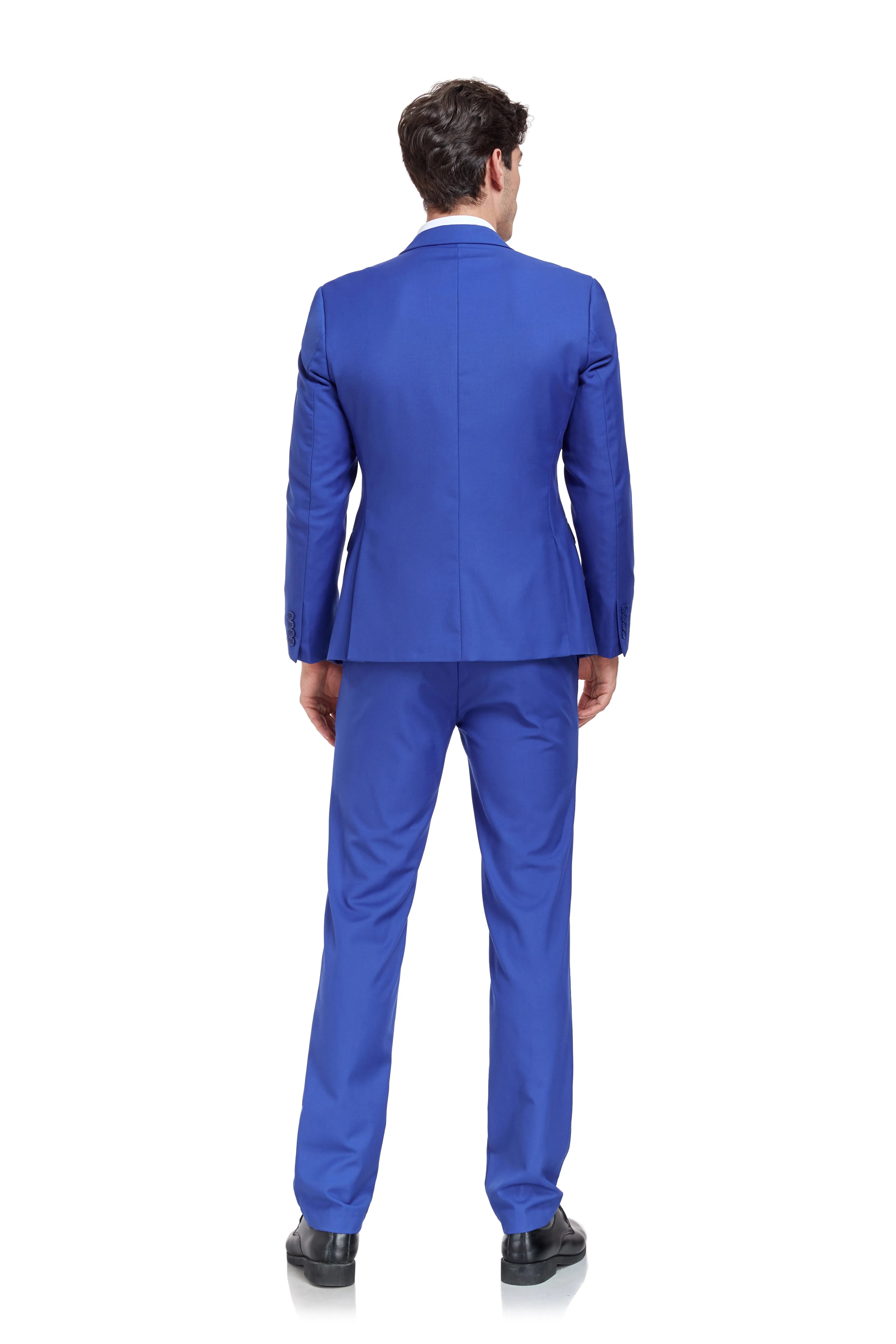 back view of royal blue slim fit 3 piece men’s suit with tailored blazer and trousers – modern formalwear style