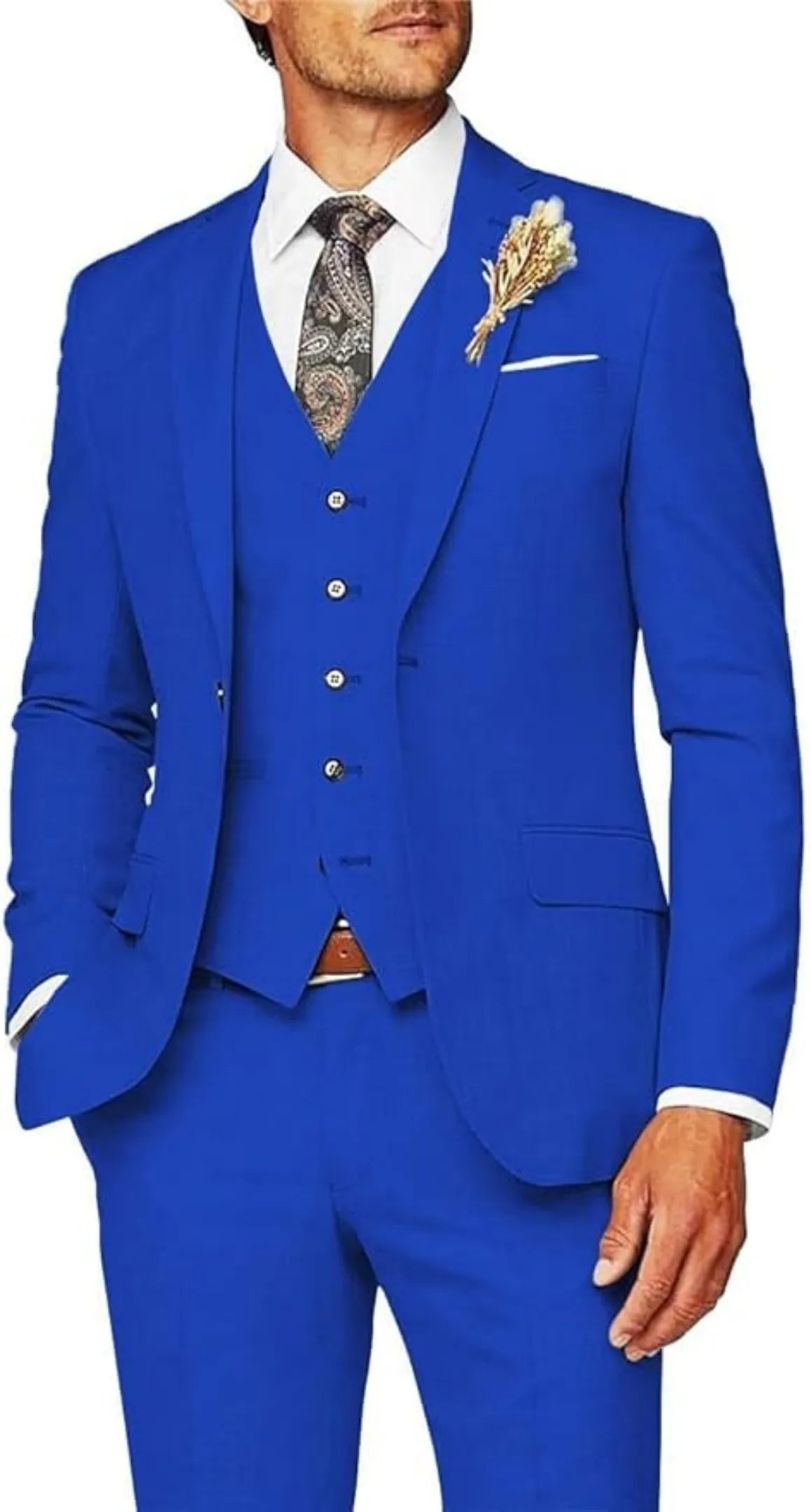 formal business wedding groom prom party 3 piece men's suit - royal blue slim fit with paisley tie & floral lapel pin