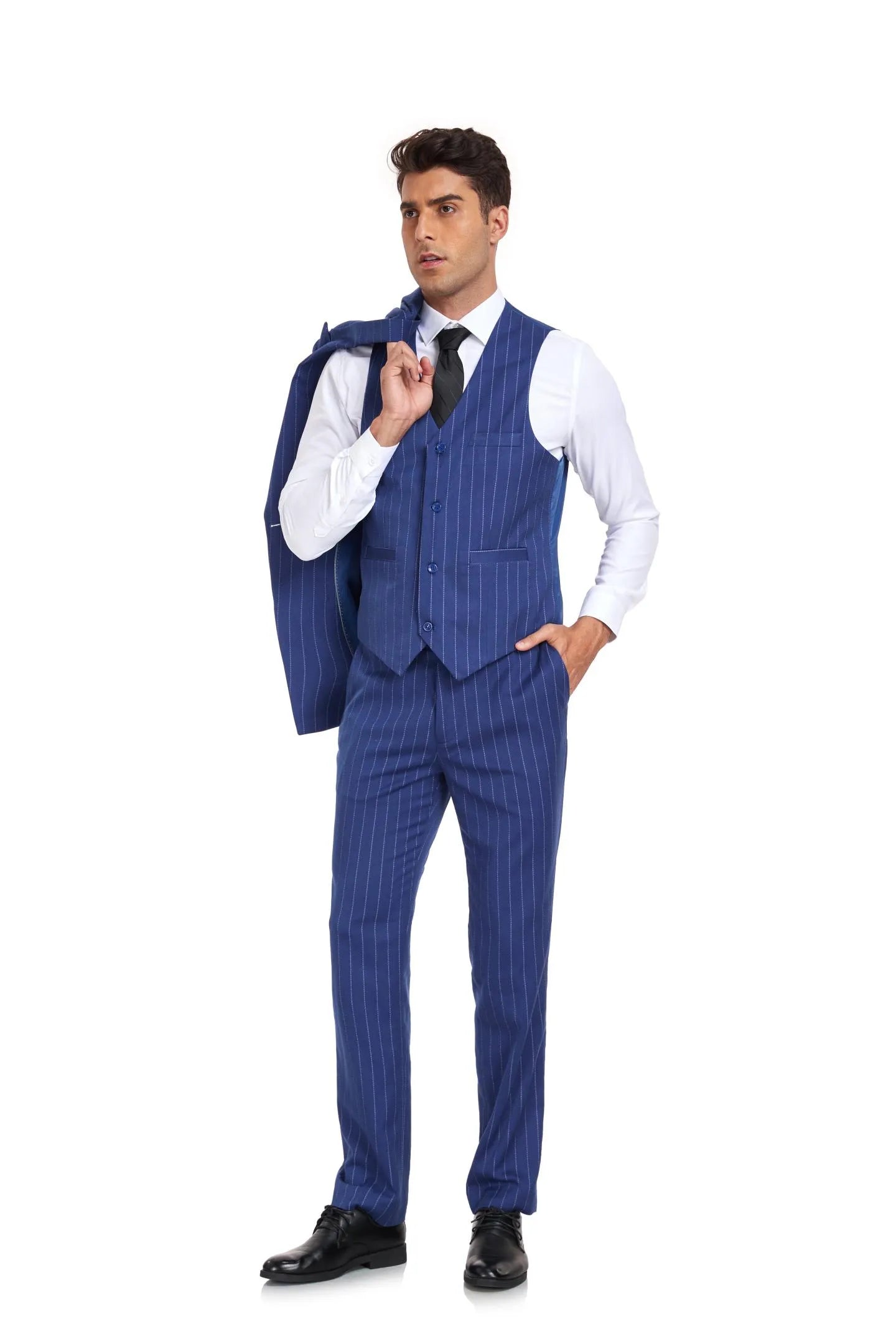 modern formal suit in royal blue with chalk stripe vest and blazer for a sophisticated look