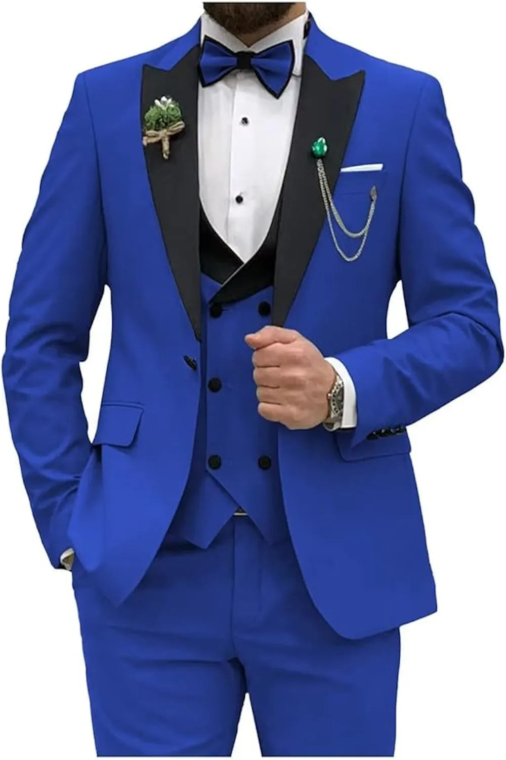 royal blue double breasted 3 piece suit with black lapel – front view