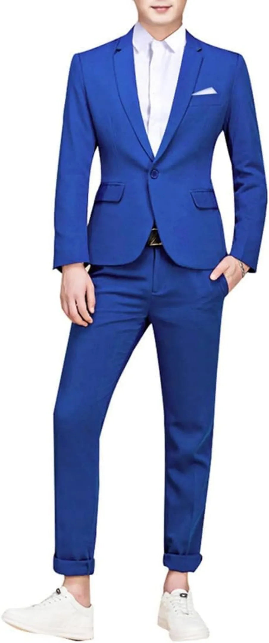 detailed close-up of royal blue men's suit collar and pocket, highlighting the structured, sharp design.