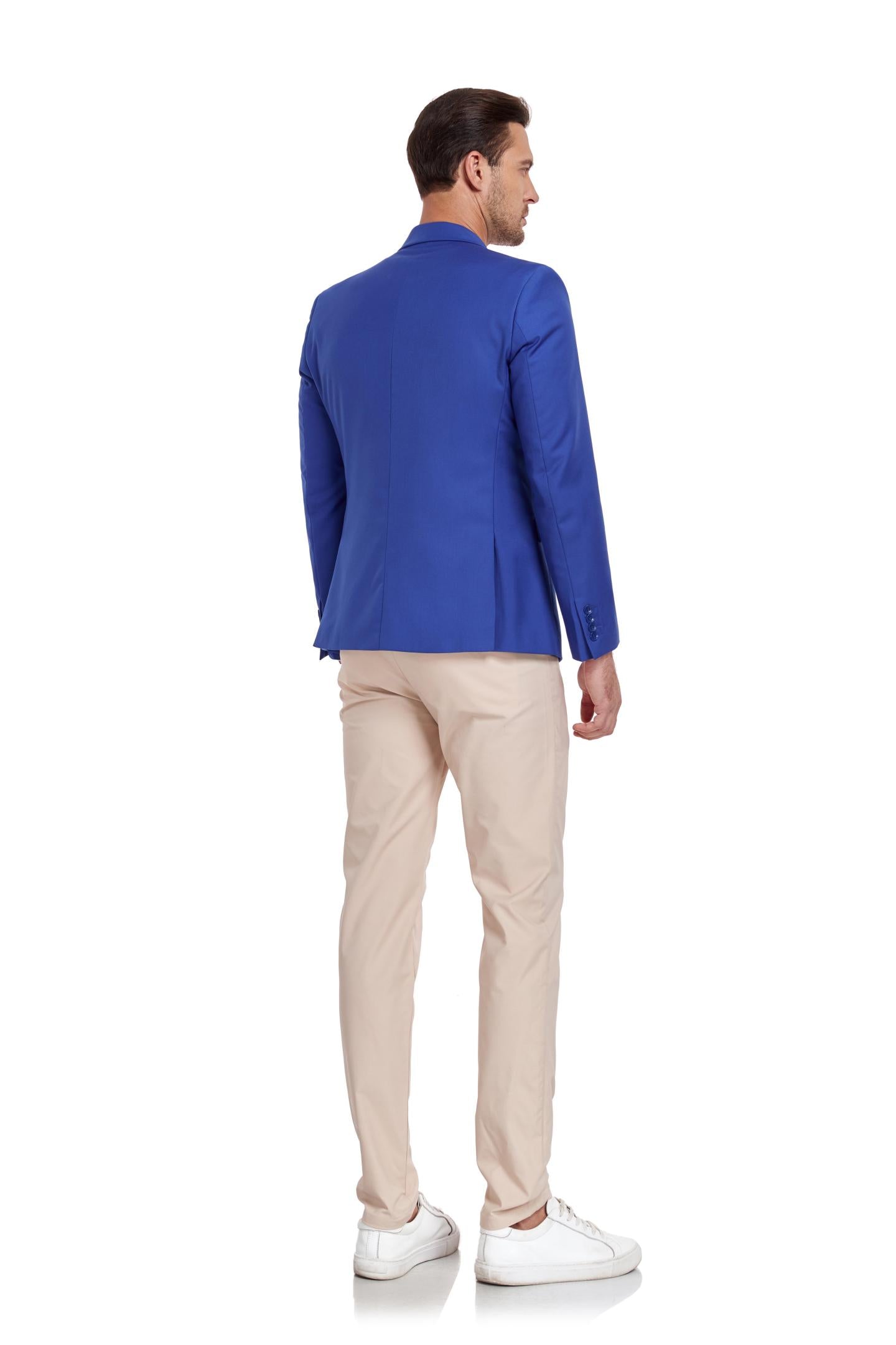 back view of model in royal blue two-button blazer with beige pants – ideal for formal events like weddings and ceremonies.