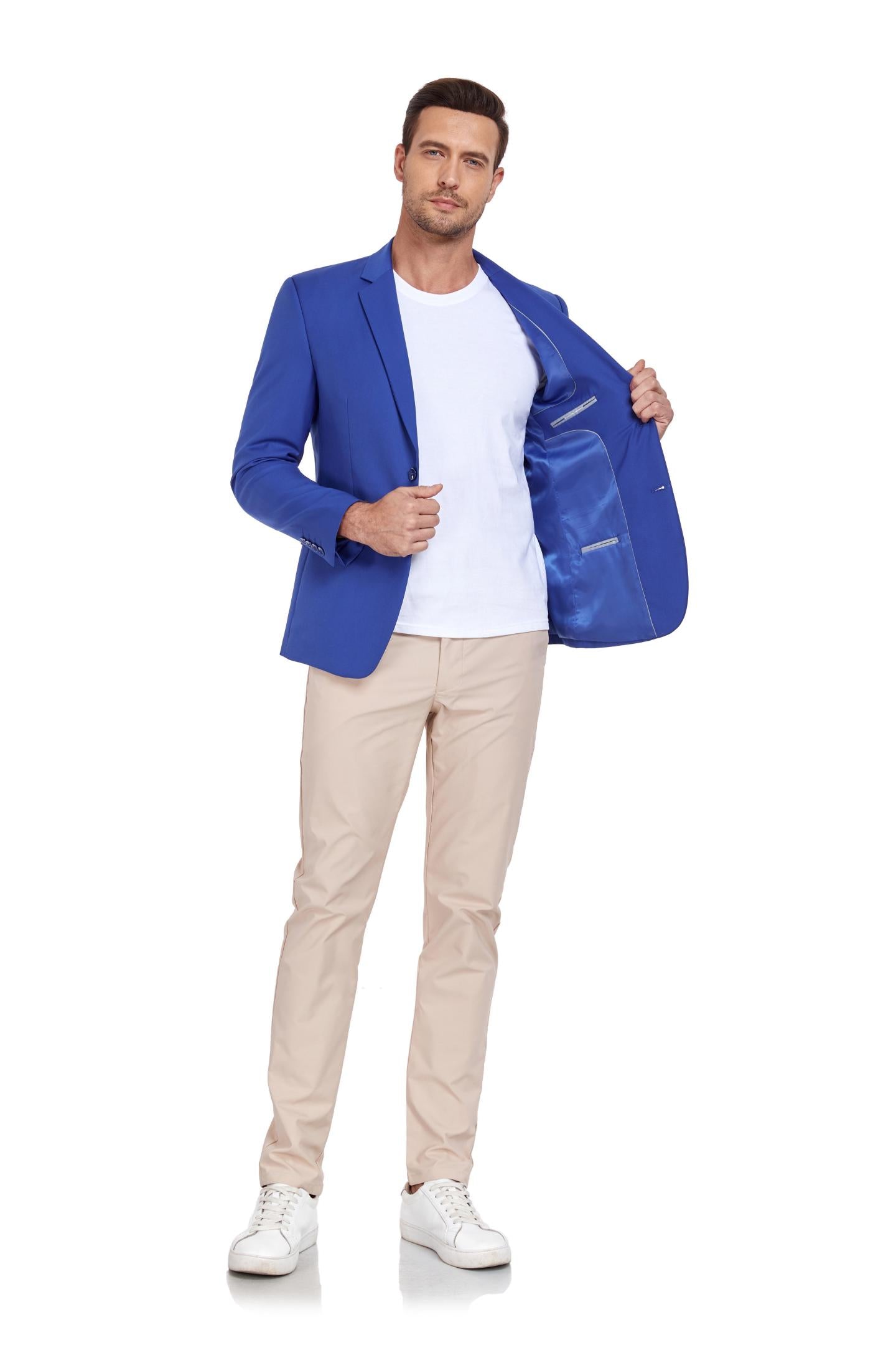 model showcasing royal blue blazer, beige pants, and holding jacket open – perfect for formal events.