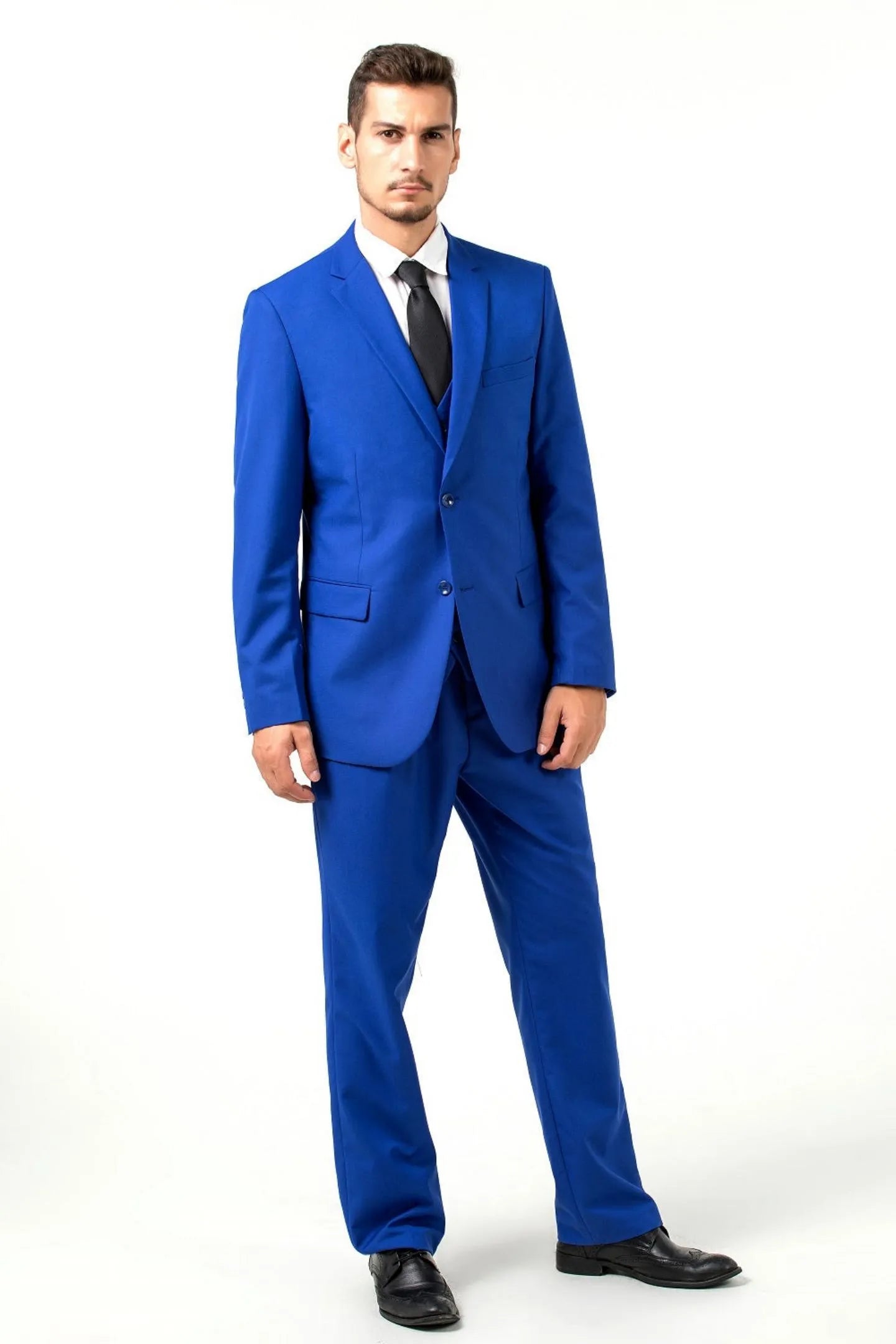 full-body front view of man in royal blue slim-fit two-button 3-piece suit with black tie, perfect for business or formal events.