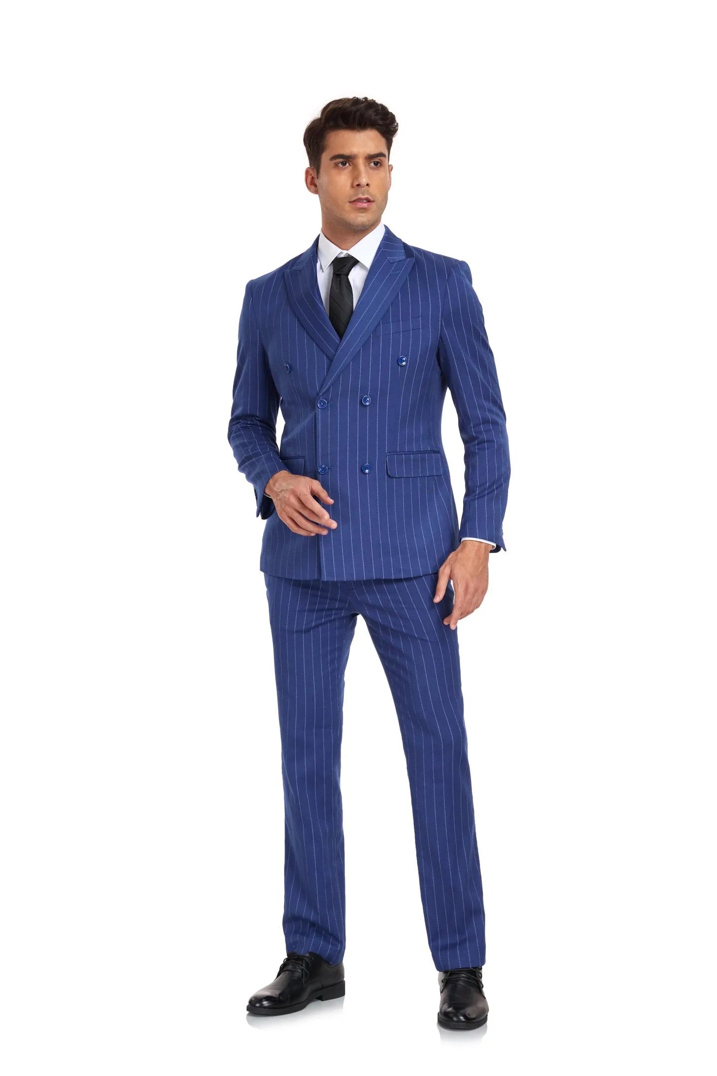 men's royal blue striped suit with wide peak lapel and formal fit, ideal for classic events