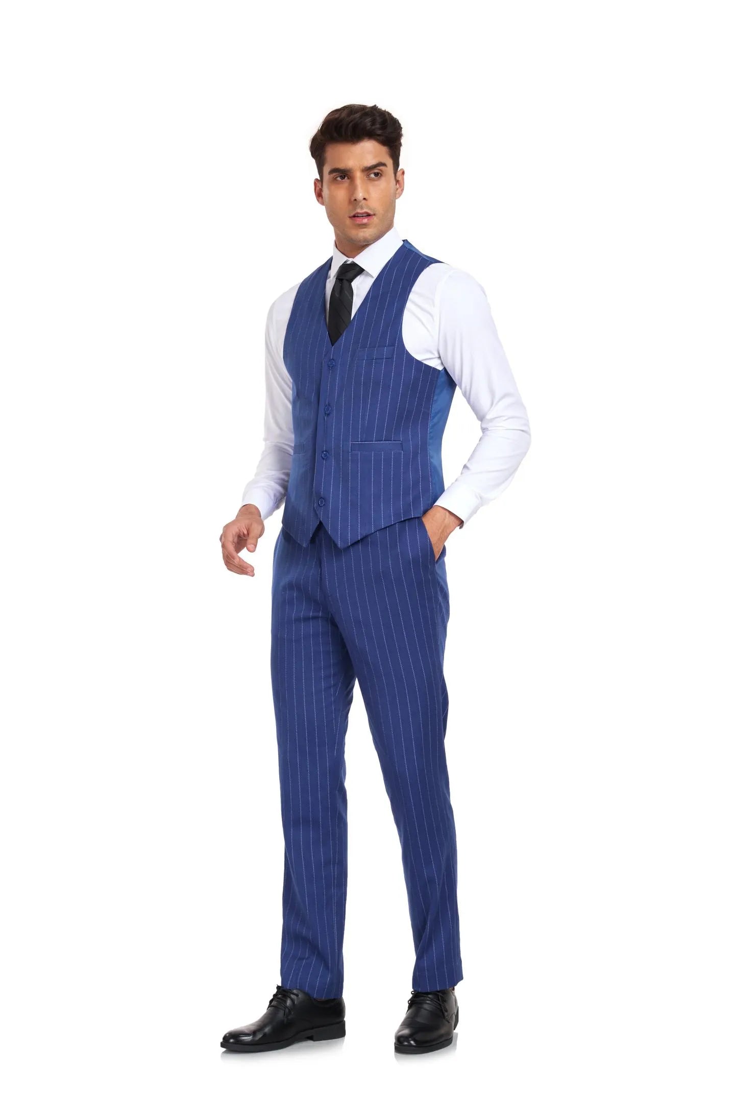 royal blue vintage striped suit with classic 3 piece styling and bold chalk stripe design
