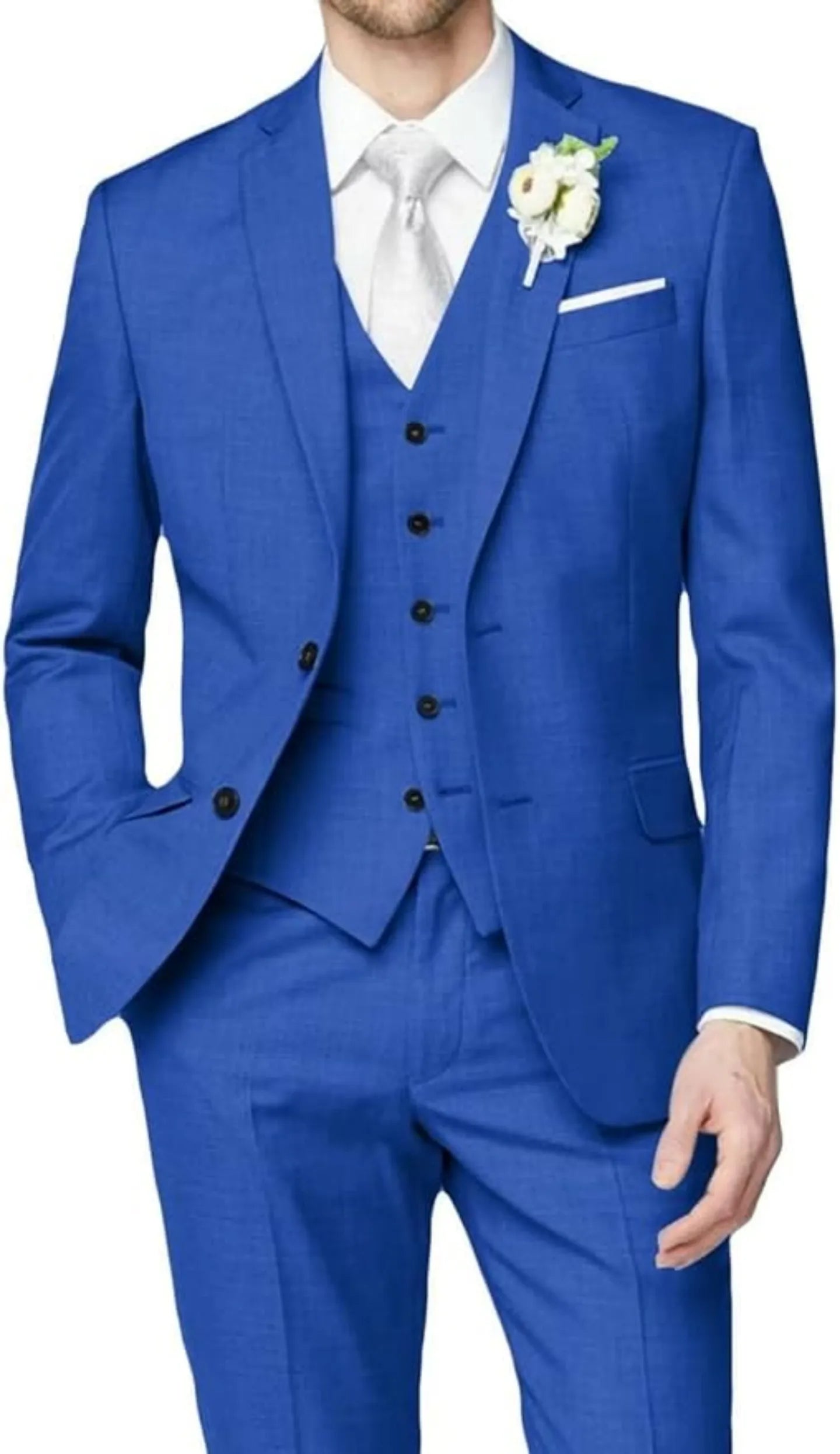 front view of royal blue wedding groomsmen 3 piece men's suit with tailored blazer, buttoned vest, slim trousers, white shirt, and silver tie with boutonniere