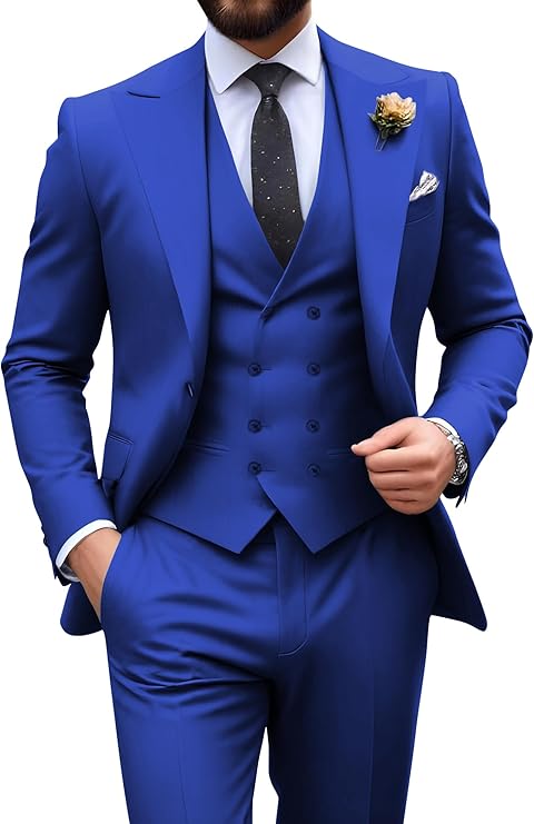 royal blue slim fit 3 piece groom suit with peak lapel blazer, double breasted vest and pants for modern wedding style