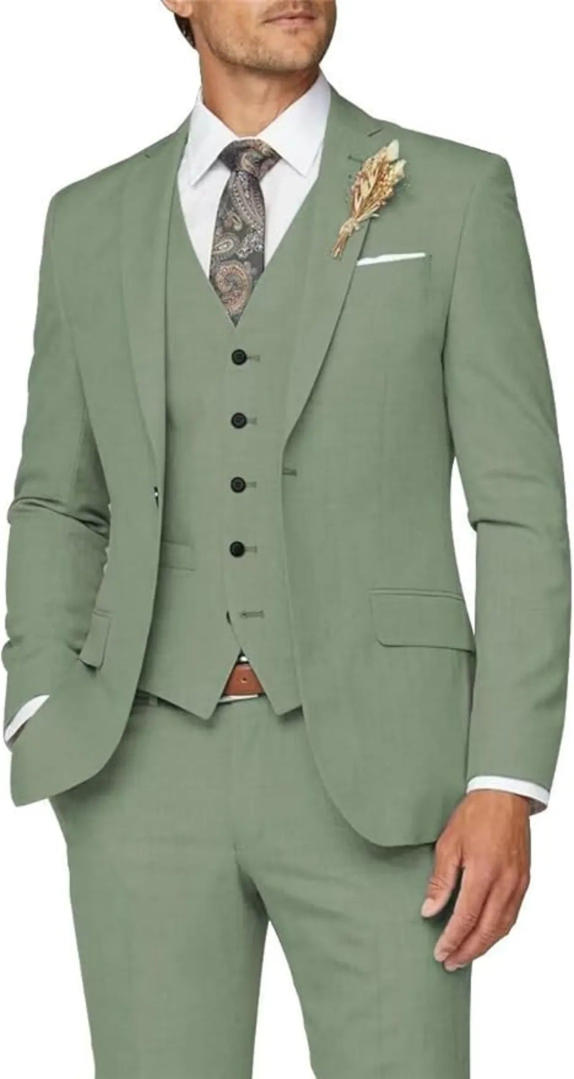 sage green 3 piece suit for men: formal wedding prom outfit with slim blazer, vest, trousers & lapel flower