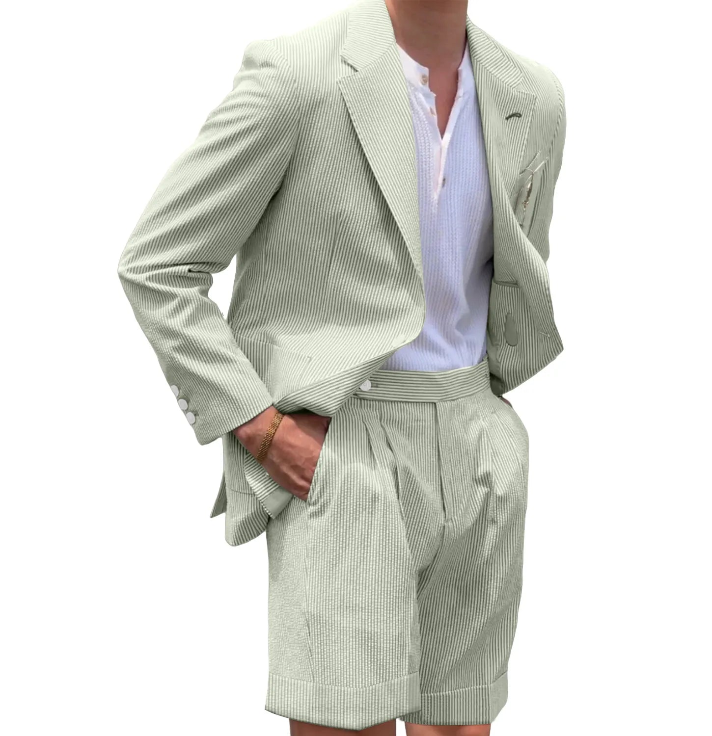 Sage green striped seersucker shorts suit for men – casual 2 piece summer outfit with blazer
