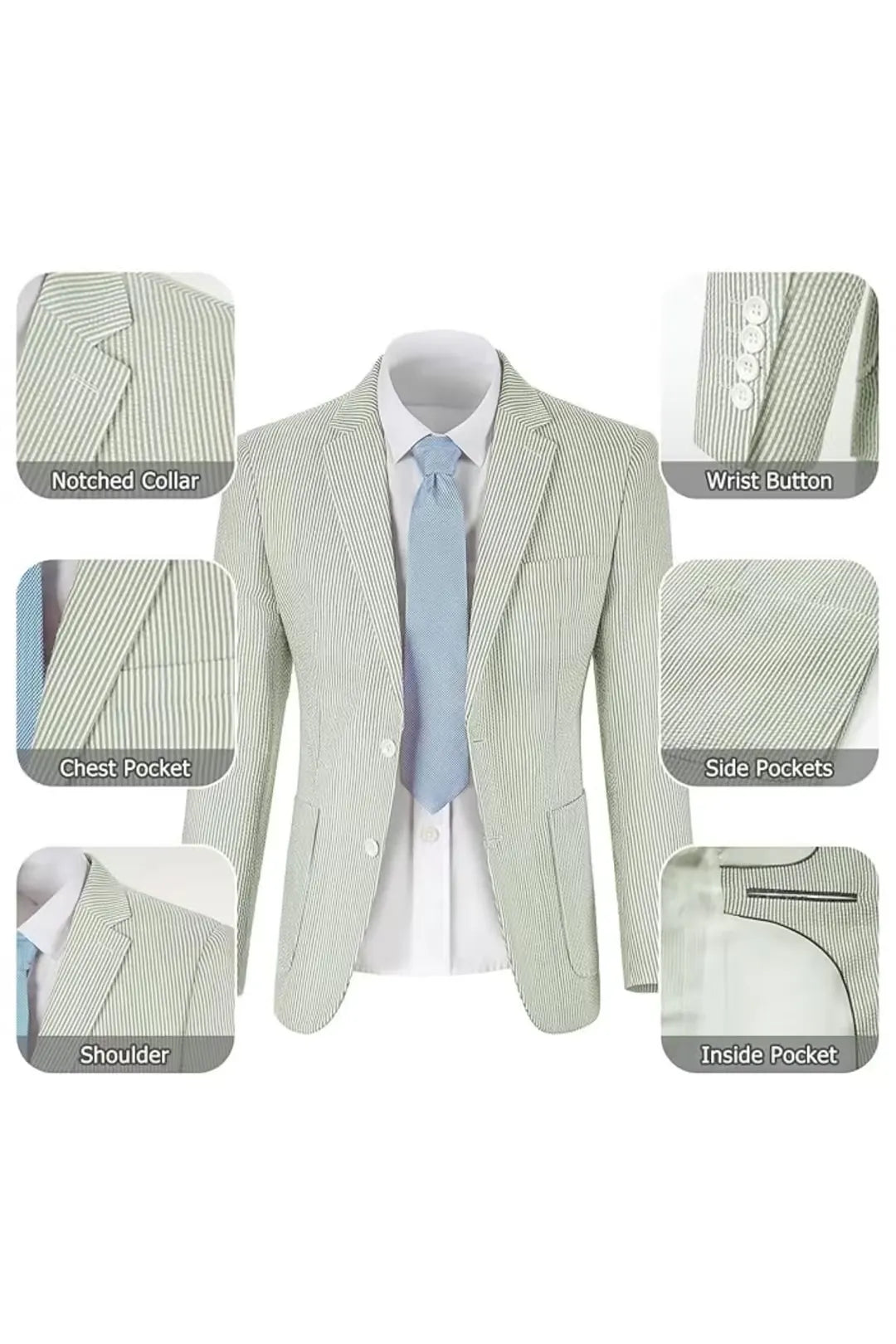 Sage green-and-white seersucker blazer showcasing pockets, lapels, and breathable fabric texture.