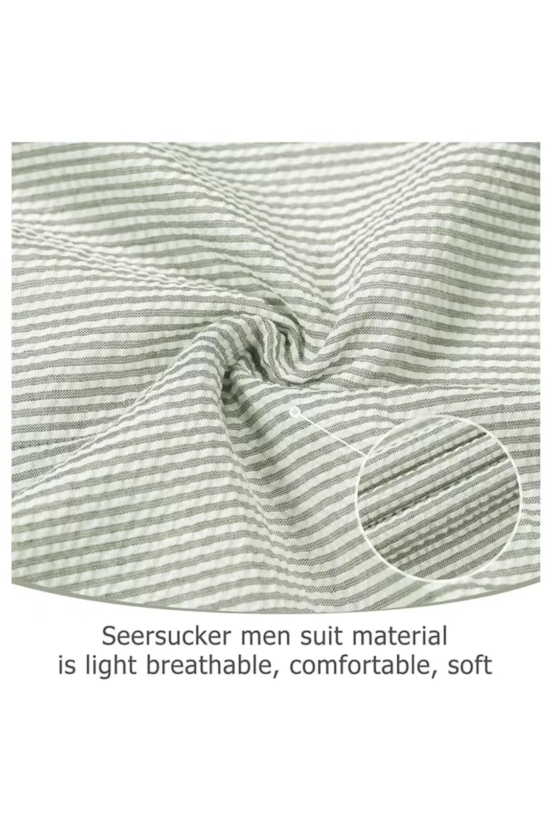 Close-up of sage green-and-white seersucker fabric texture with soft, breathable stripes.