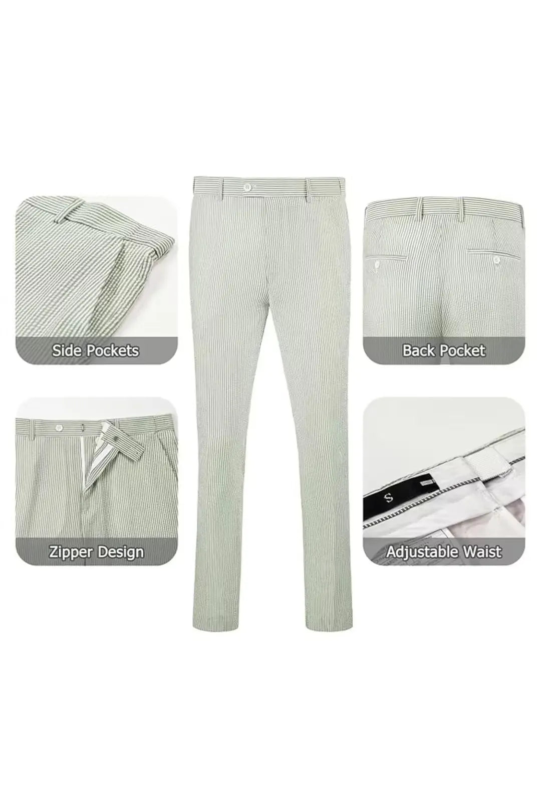 Sage green-and-white striped seersucker pants with adjustable waist and zipper for comfortable fit.