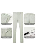 Load image into Gallery viewer, Sage green-and-white striped seersucker pants with adjustable waist and zipper for comfortable fit.