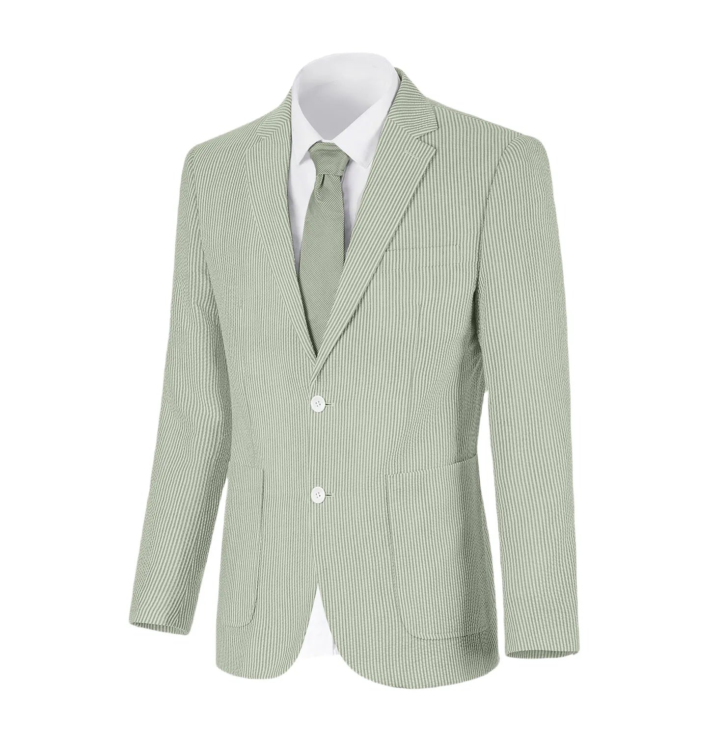Sage green-and-white striped seersucker blazer in breezy summer fabric, designed for smart casual looks.